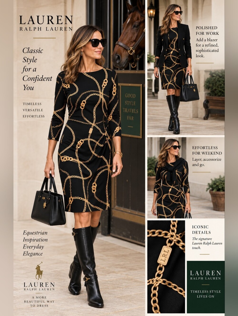 Lauren Ralph Lauren Chain Print Ruched Dress Black Gold 12P Equestrian Stretch